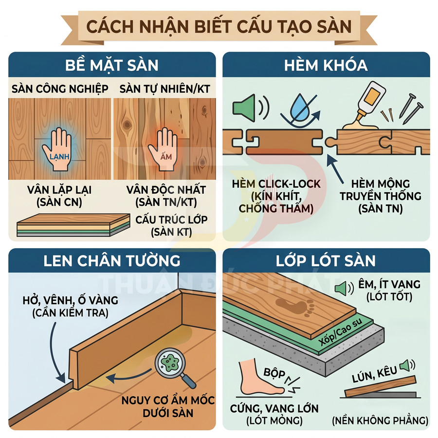 Hướng dẫn nhận biết cấu tạo sàn gỗ với bề mặt, hèm khóa, len chân tường và lớp lót sàn chi tiết