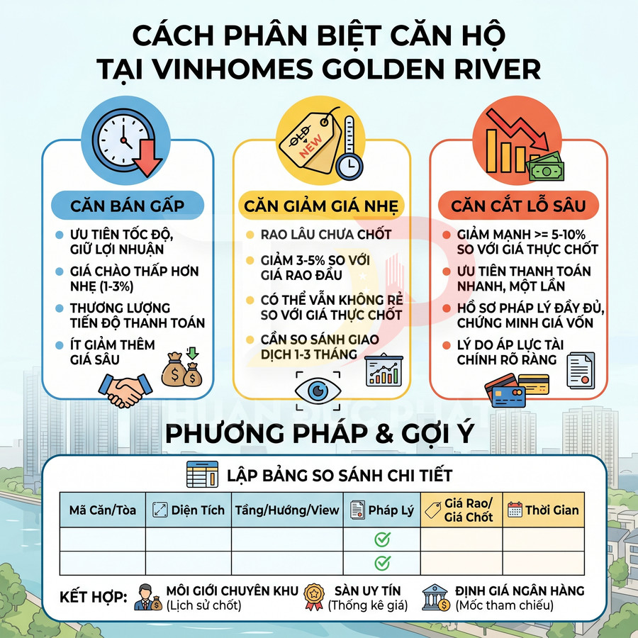 Infographic hướng dẫn phân biệt các loại căn hộ và phương pháp so sánh giá tại Vinhomes Golden River