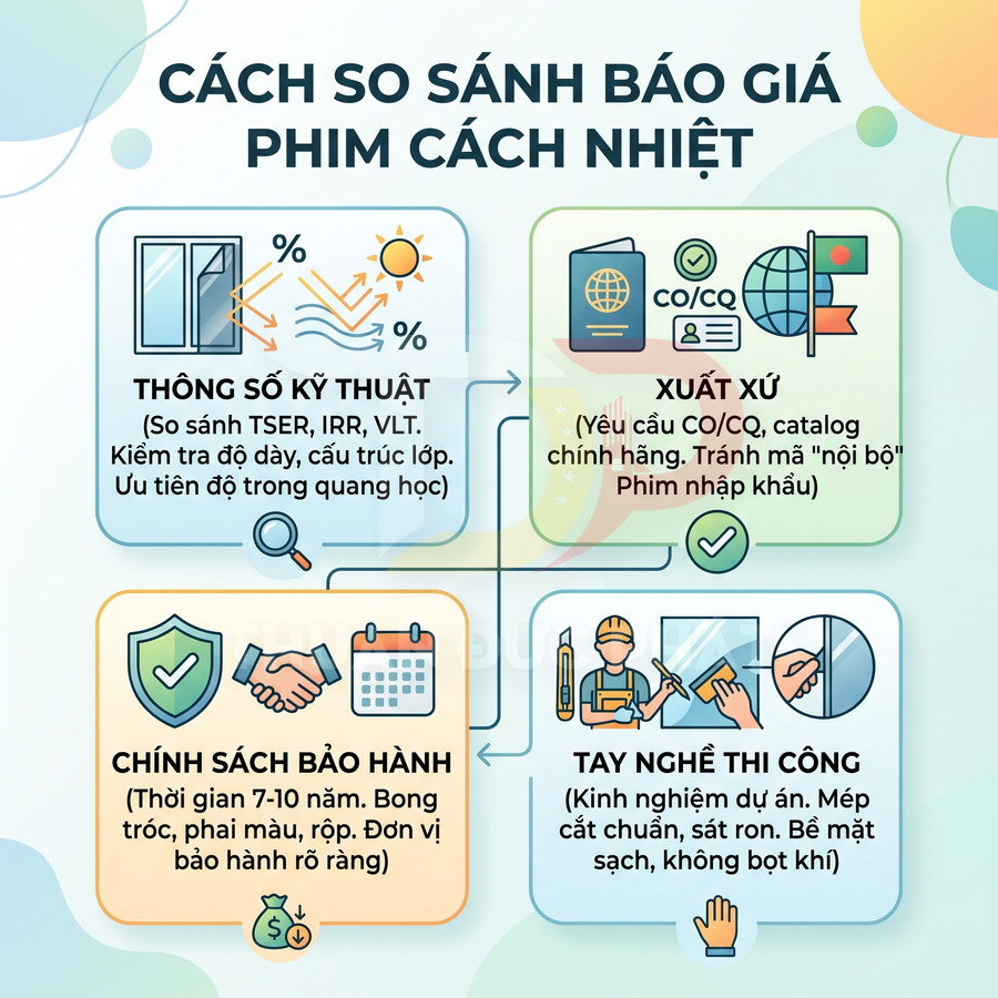 Infographic hướng dẫn so sánh báo giá phim cách nhiệt theo thông số kỹ thuật, xuất xứ, bảo hành và tay nghề thi công