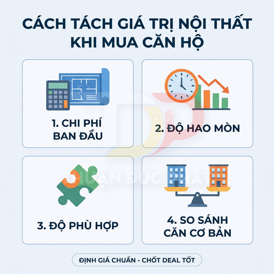 Cách tách giá trị nội thất khi mua căn hộ với 4 tiêu chí chi phí ban đầu, độ hao mòn, độ phù hợp, so sánh căn cơ bản