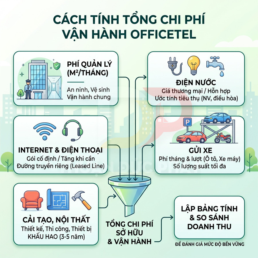 Infographic các khoản chi phí vận hành officetel như quản lý, điện nước, internet, gửi xe, cải tạo nội thất