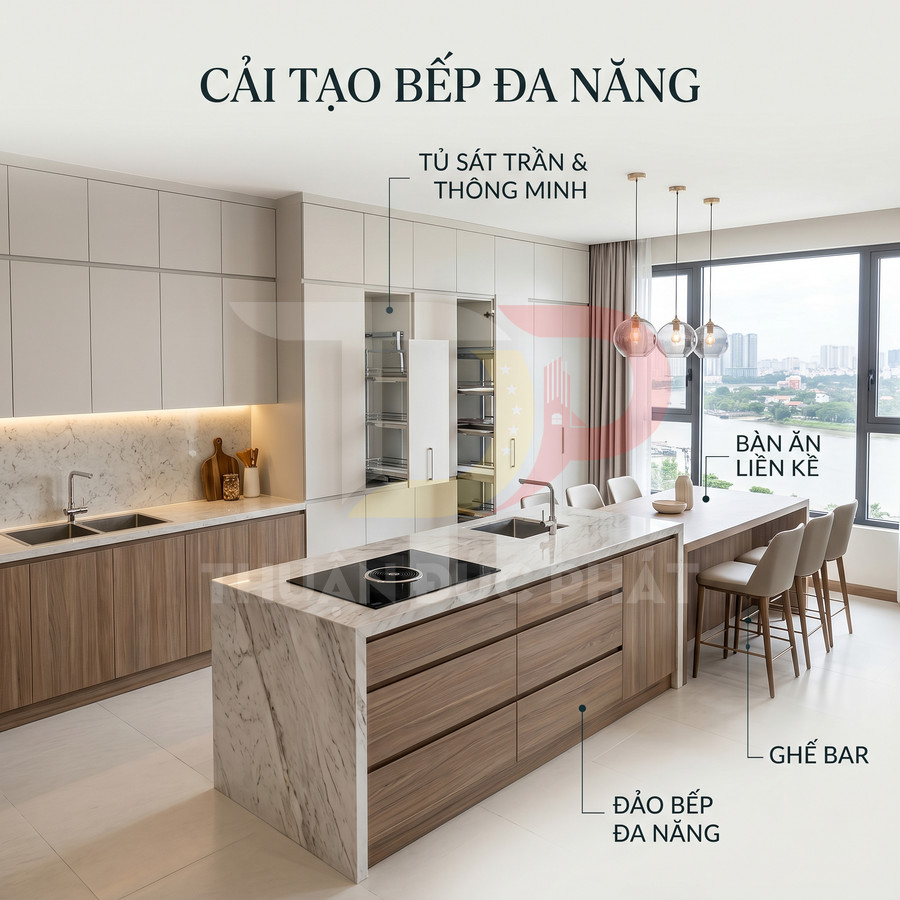 Bếp hiện đại với đảo bếp đá cẩm thạch, tủ bếp sát trần thông minh và bàn ăn liền kề cạnh cửa sổ lớn