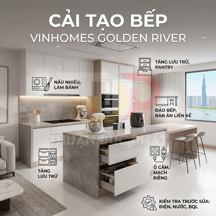 Cải tạo bếp Vinhomes Golden River với đảo bếp, tủ bếp hiện đại, nhiều ngăn lưu trữ và thiết bị làm bánh cao cấp