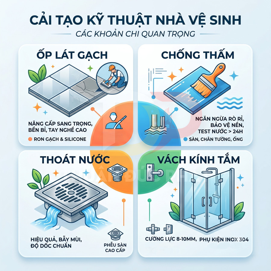 Infographic các hạng mục cải tạo kỹ thuật nhà vệ sinh gồm ốp lát gạch, chống thấm, thoát nước và vách kính tắm