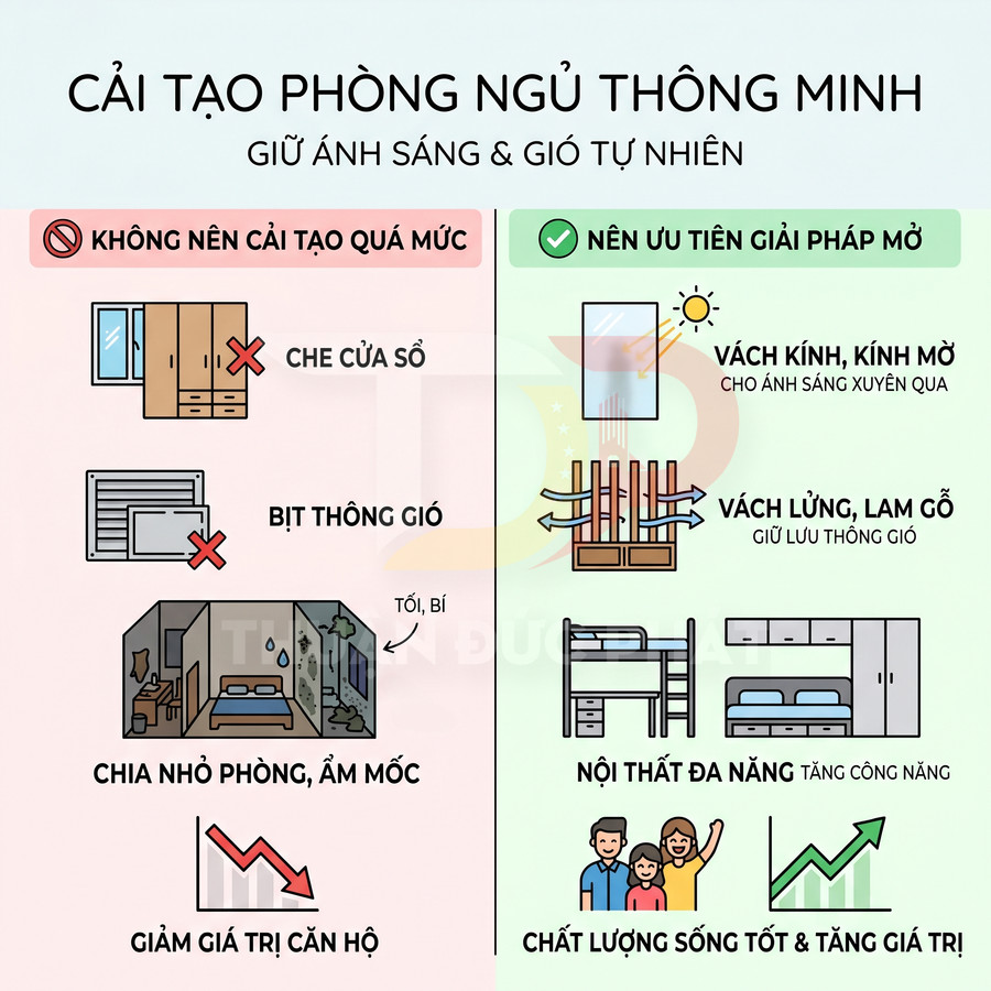 Infographic hướng dẫn cải tạo phòng ngủ thông minh, ưu tiên ánh sáng và gió tự nhiên, tránh che cửa sổ và bịt thông gió