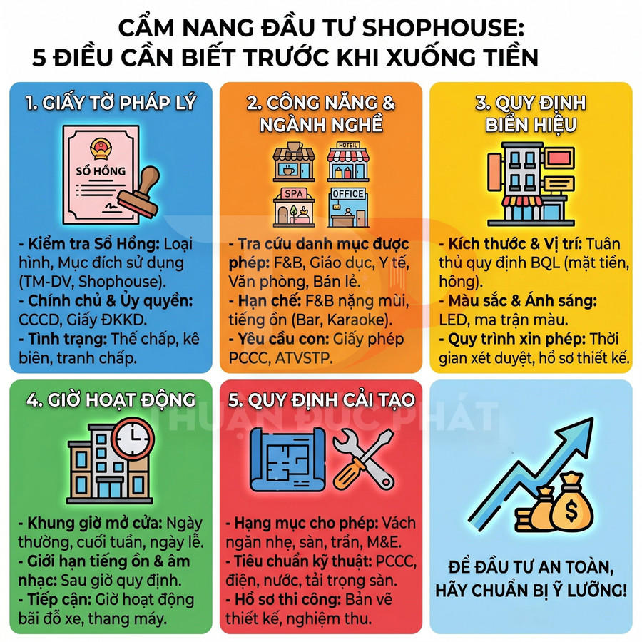 Infographic cẩm nang đầu tư shophouse với 5 điều cần biết về pháp lý, công năng, biển hiệu, giờ hoạt động và quy định cải tạo