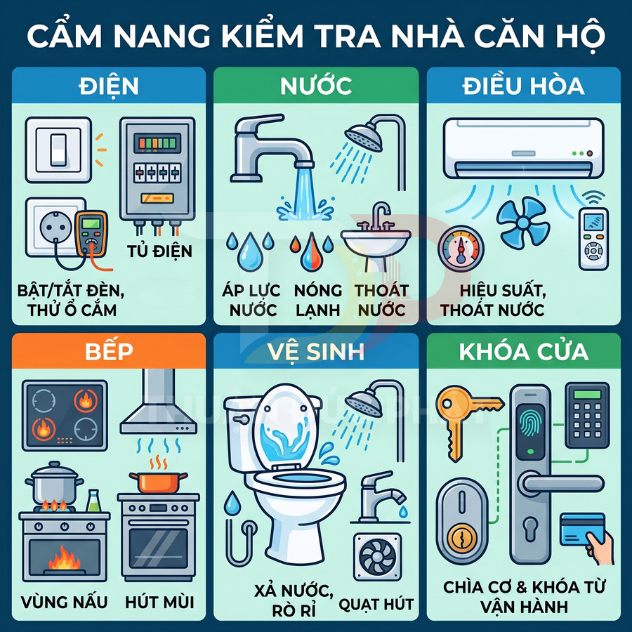 Cẩm nang kiểm tra căn hộ với minh họa kiểm tra điện nước điều hòa bếp nhà vệ sinh và khóa cửa trước khi nhận nhà