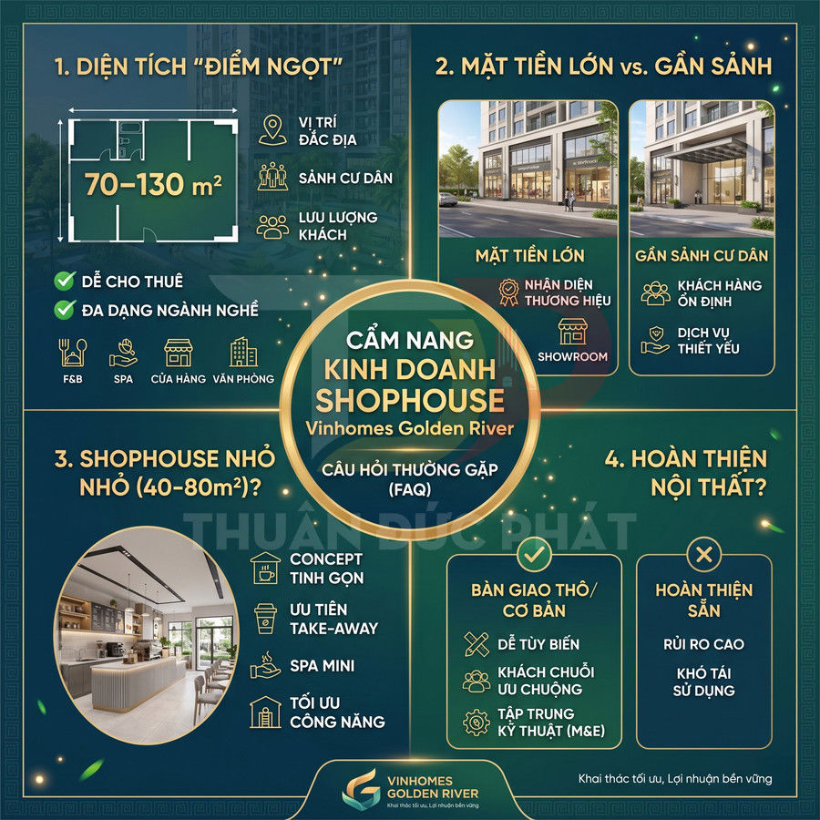 Infographic hướng dẫn kinh doanh shophouse dự án Vinhomes Golden River với diện tích, mặt tiền và hoàn thiện nội thất