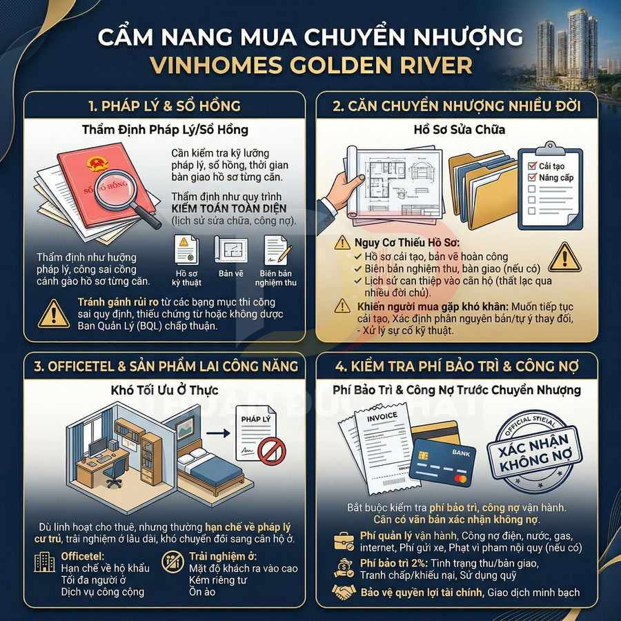 Cẩm nang mua chuyển nhượng căn hộ Vinhomes Golden River với hướng dẫn pháp lý, hồ sơ, officetel và kiểm tra công nợ