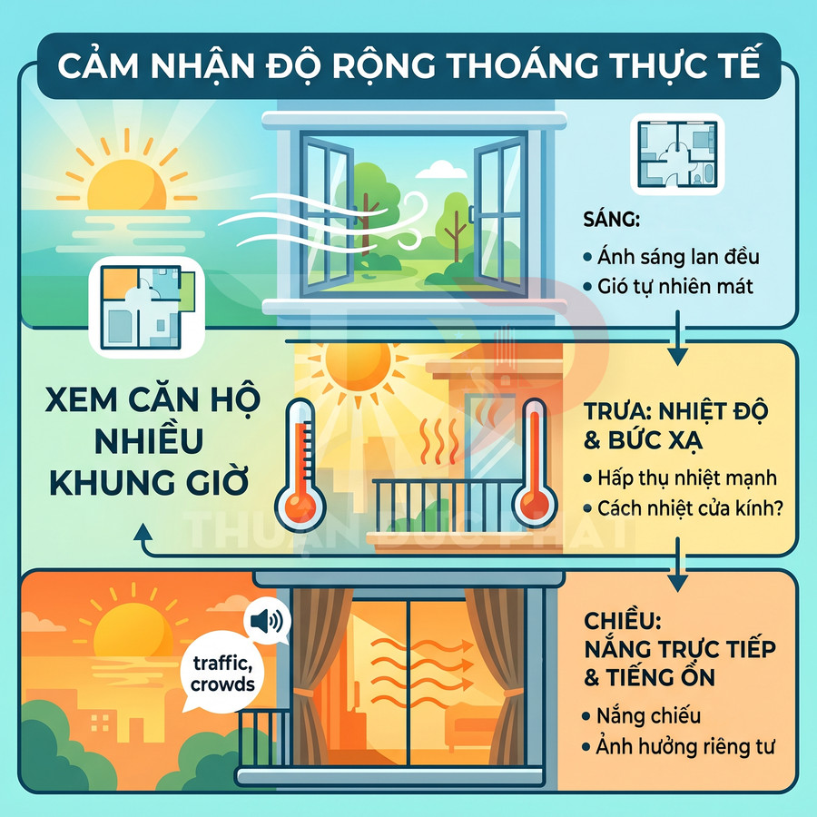 Infographic hướng dẫn xem căn hộ nhiều khung giờ để đánh giá ánh sáng, nhiệt độ và tiếng ồn ban công