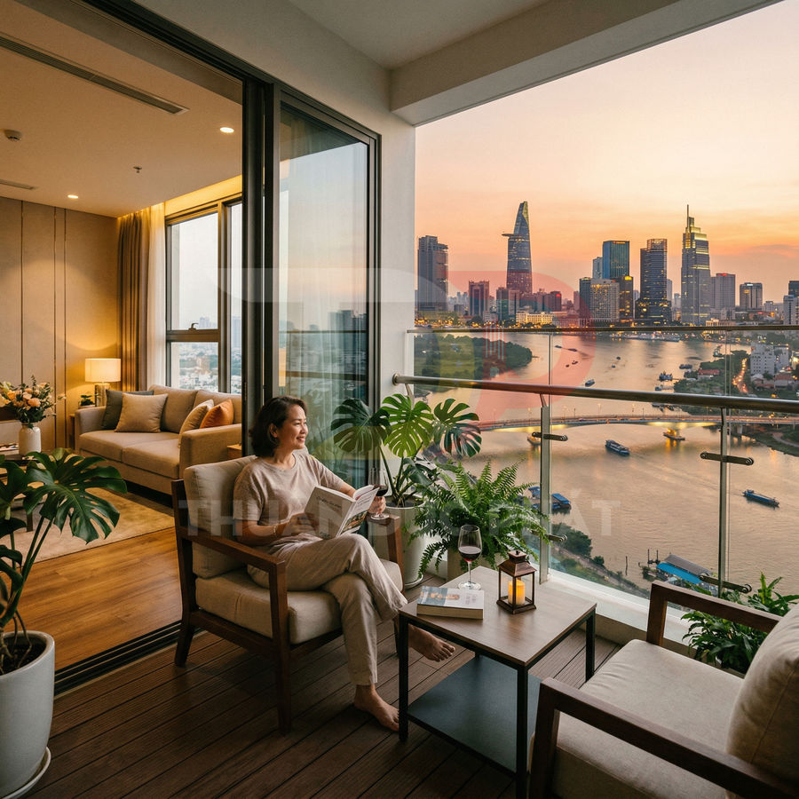 Ban công căn hộ cao cấp view sông và skyline thành phố lúc hoàng hôn, nội thất hiện đại ấm cúng