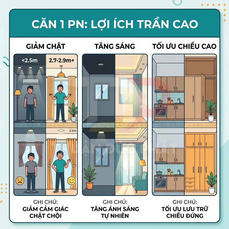 Minh họa căn hộ 1 phòng ngủ với trần cao giúp giảm chật chội, tăng ánh sáng tự nhiên và tối ưu tủ bếp, tủ đồ cao