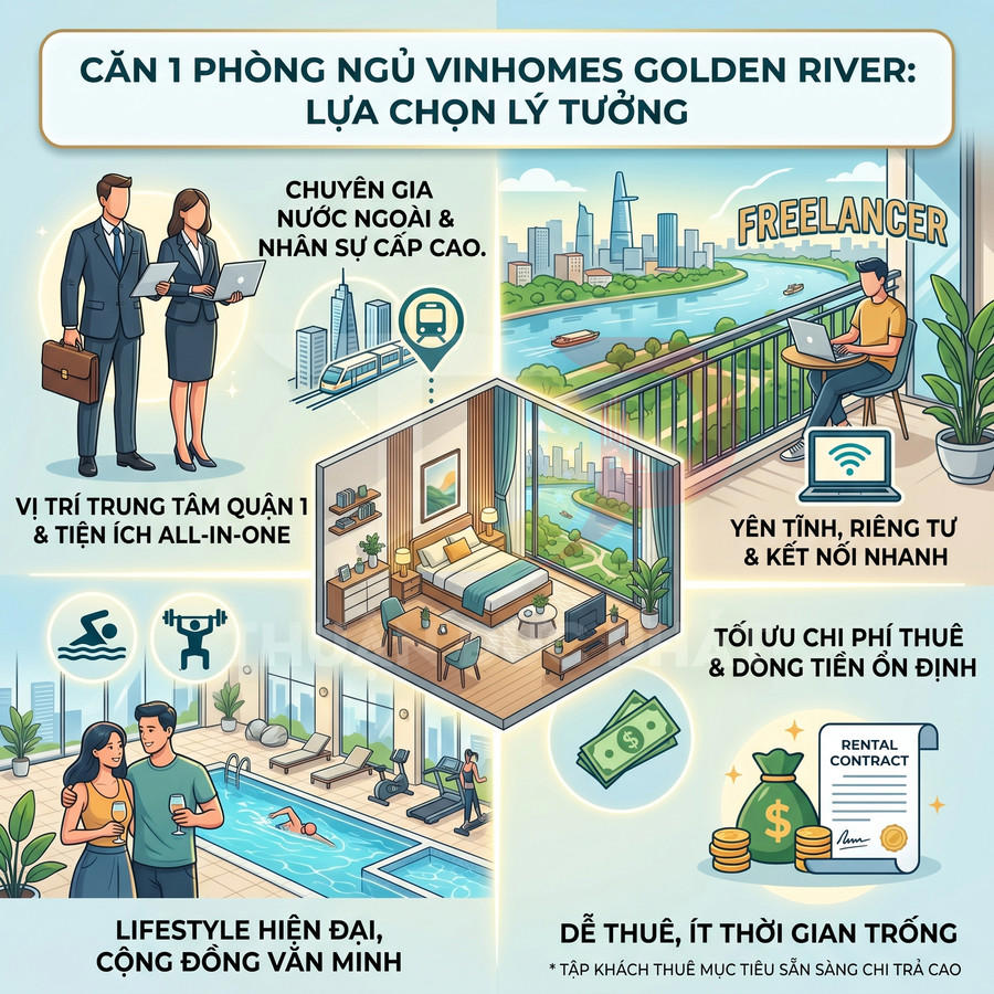 Căn hộ 1 phòng ngủ Vinhomes Golden River hiện đại, view sông, tiện ích hồ bơi gym, phù hợp chuyên gia và freelancer