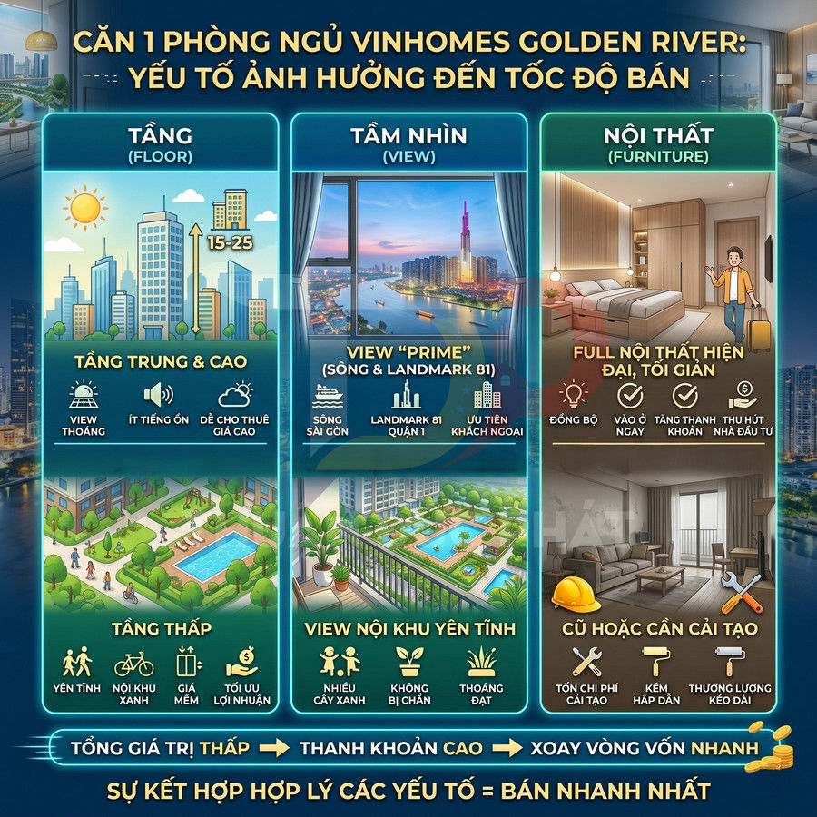 Infographic các yếu tố ảnh hưởng tốc độ bán căn hộ 1 phòng ngủ Vinhomes Golden River