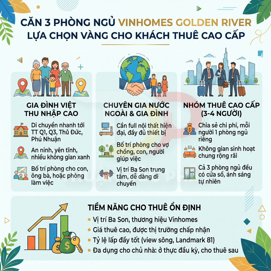 Infographic căn hộ 3 phòng ngủ Vinhomes Golden River cho thuê cao cấp, phù hợp gia đình Việt, chuyên gia nước ngoài, nhóm thuê 3 4 người