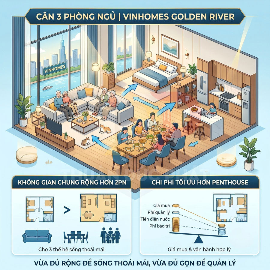 Căn hộ 3 phòng ngủ Vinhomes Golden River với phòng khách, bếp, bàn ăn rộng cho gia đình nhiều thế hệ