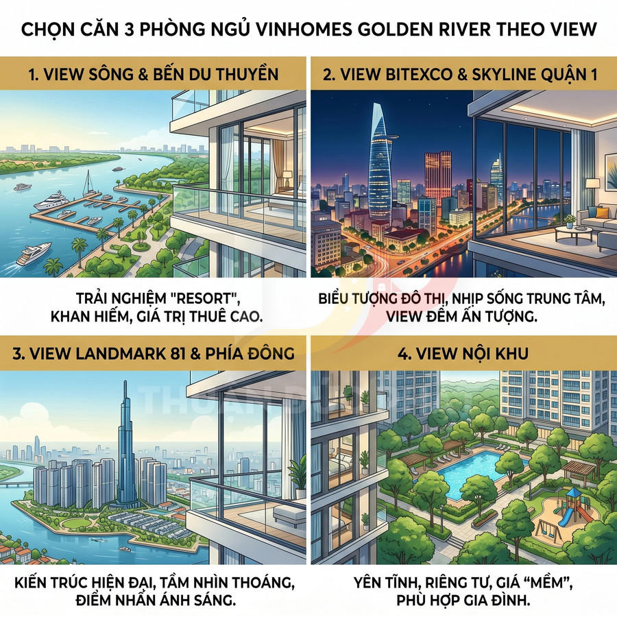 So sánh 4 view căn hộ 3 phòng ngủ Vinhomes Golden River: sông bến du thuyền, Bitexco, Landmark 81 và nội khu xanh