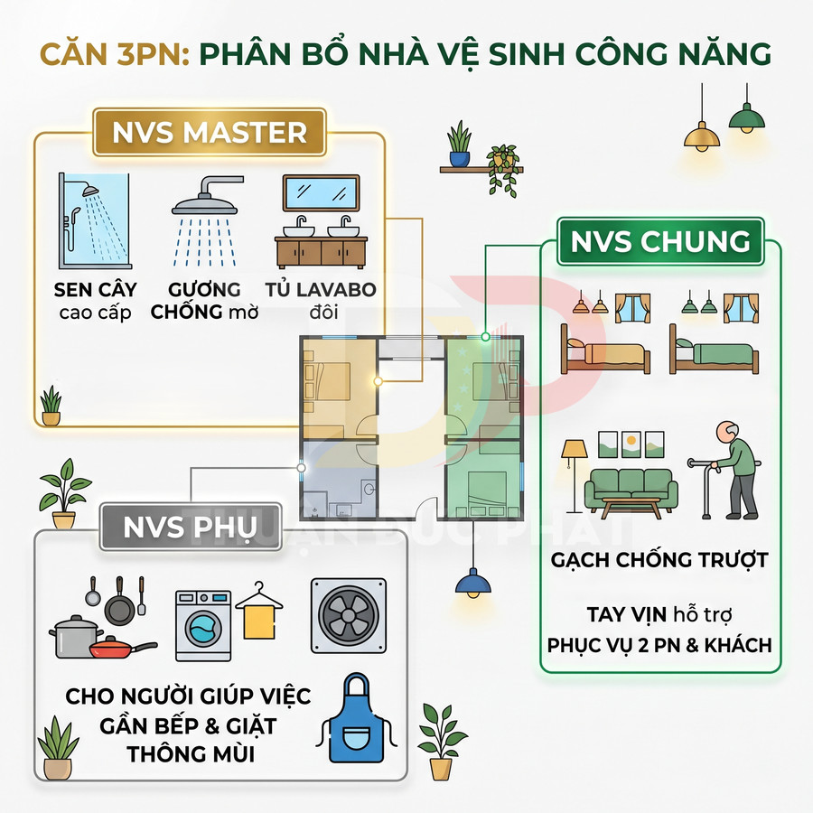 Mặt bằng căn hộ 3 phòng ngủ với phân bố nhà vệ sinh master, phụ và chung tiện nghi