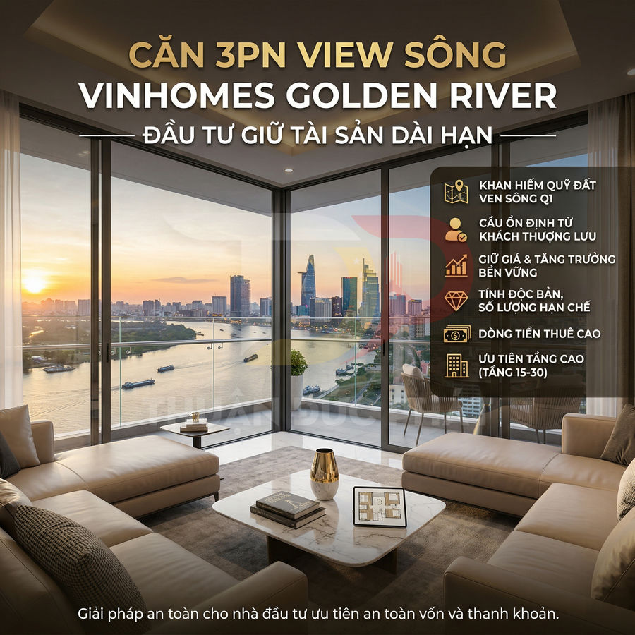 Căn hộ 3 phòng ngủ Vinhomes Golden River view sông Sài Gòn với phòng khách sang trọng, cửa kính toàn cảnh