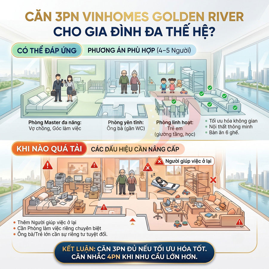 Mặt bằng minh họa căn hộ 3 phòng ngủ Vinhomes Golden River cho gia đình đa thế hệ và khi cần nâng cấp