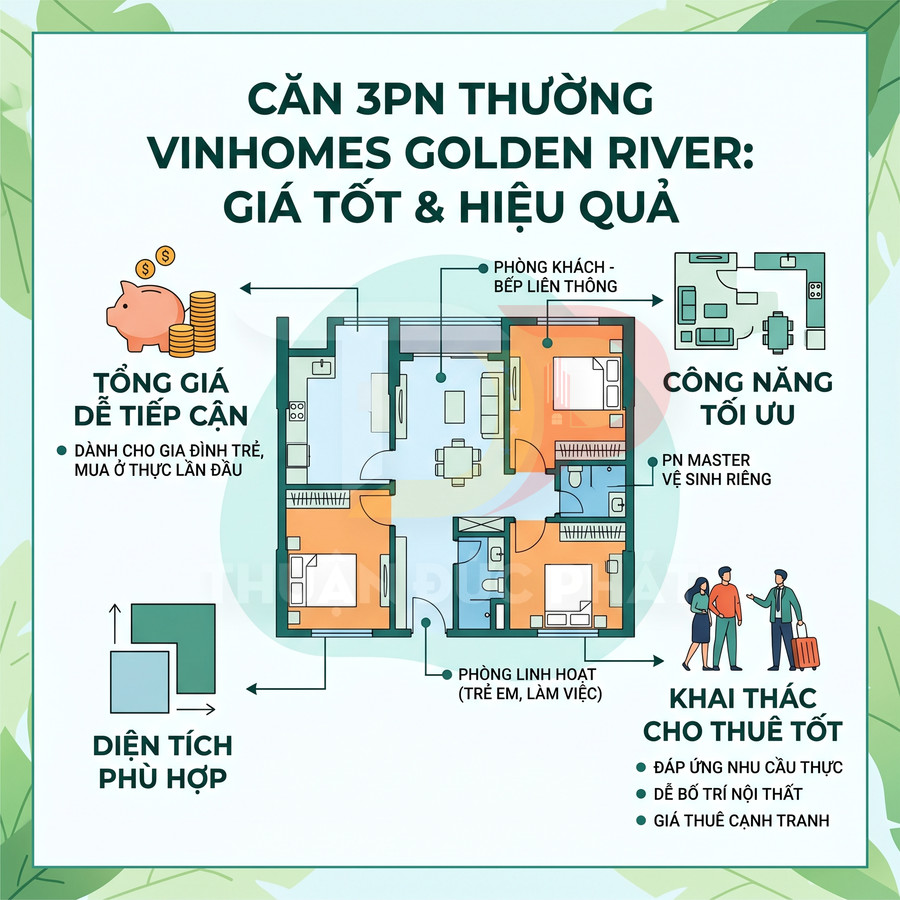 Mặt bằng căn hộ 3 phòng ngủ Vinhomes Golden River với bố trí phòng khách bếp liên thông và công năng tối ưu