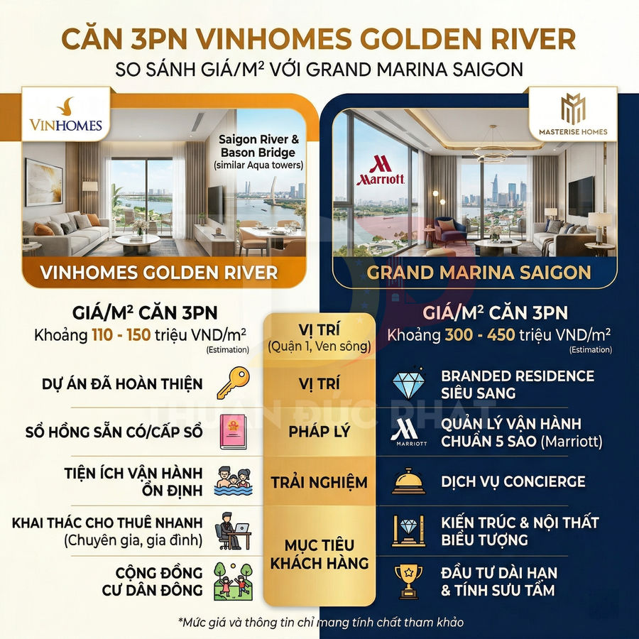 Infographic so sánh căn hộ 3 phòng ngủ Vinhomes Golden River và Grand Marina Saigon về giá bán và tiện ích cao cấp