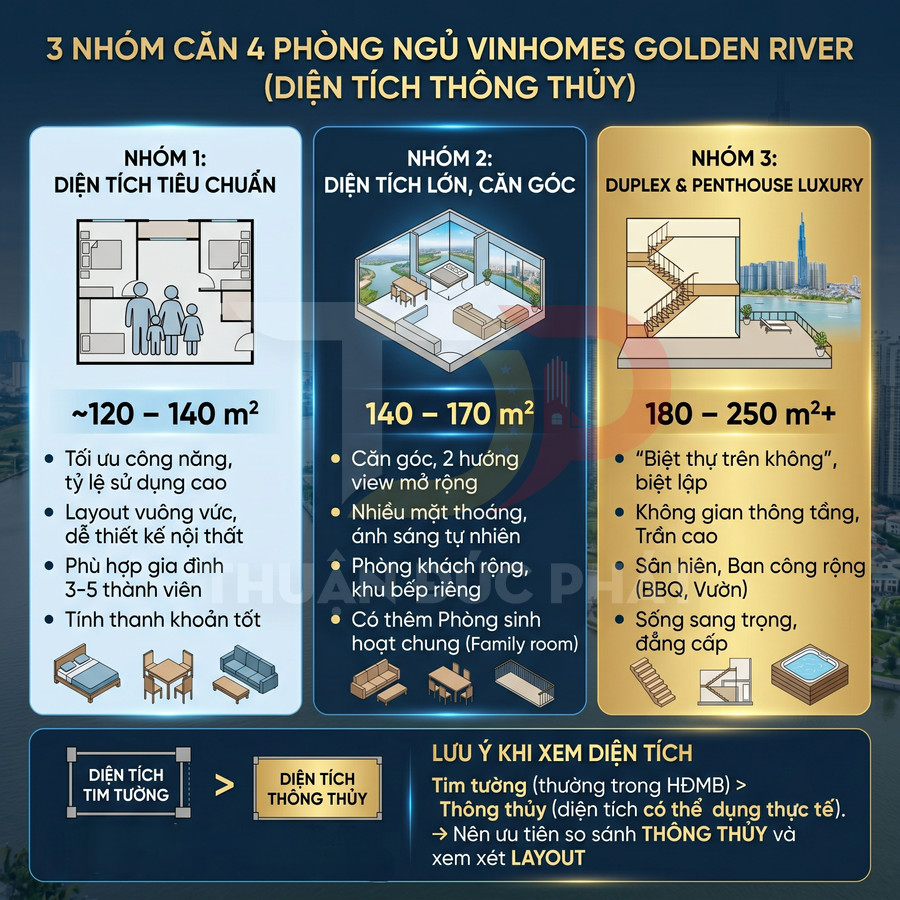 So sánh 3 nhóm căn hộ 4 phòng ngủ Vinhomes Golden River với diện tích và tiện ích khác nhau