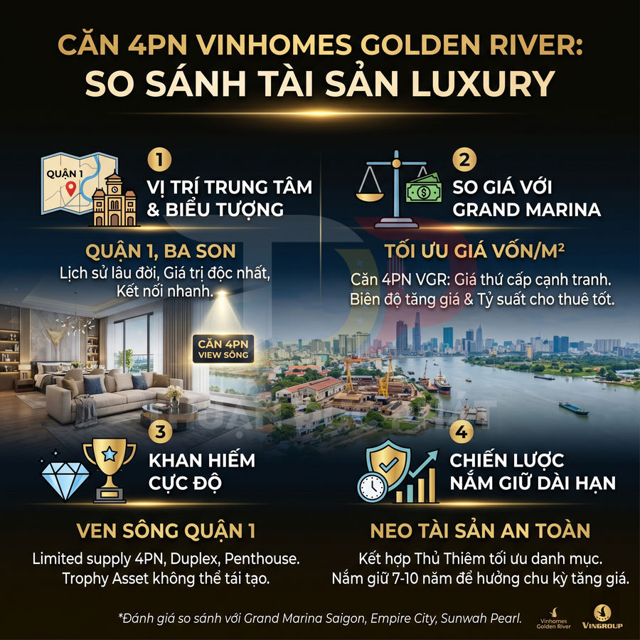 Infographic so sánh căn hộ 4 phòng ngủ Vinhomes Golden River với các dự án luxury ven sông Quận 1