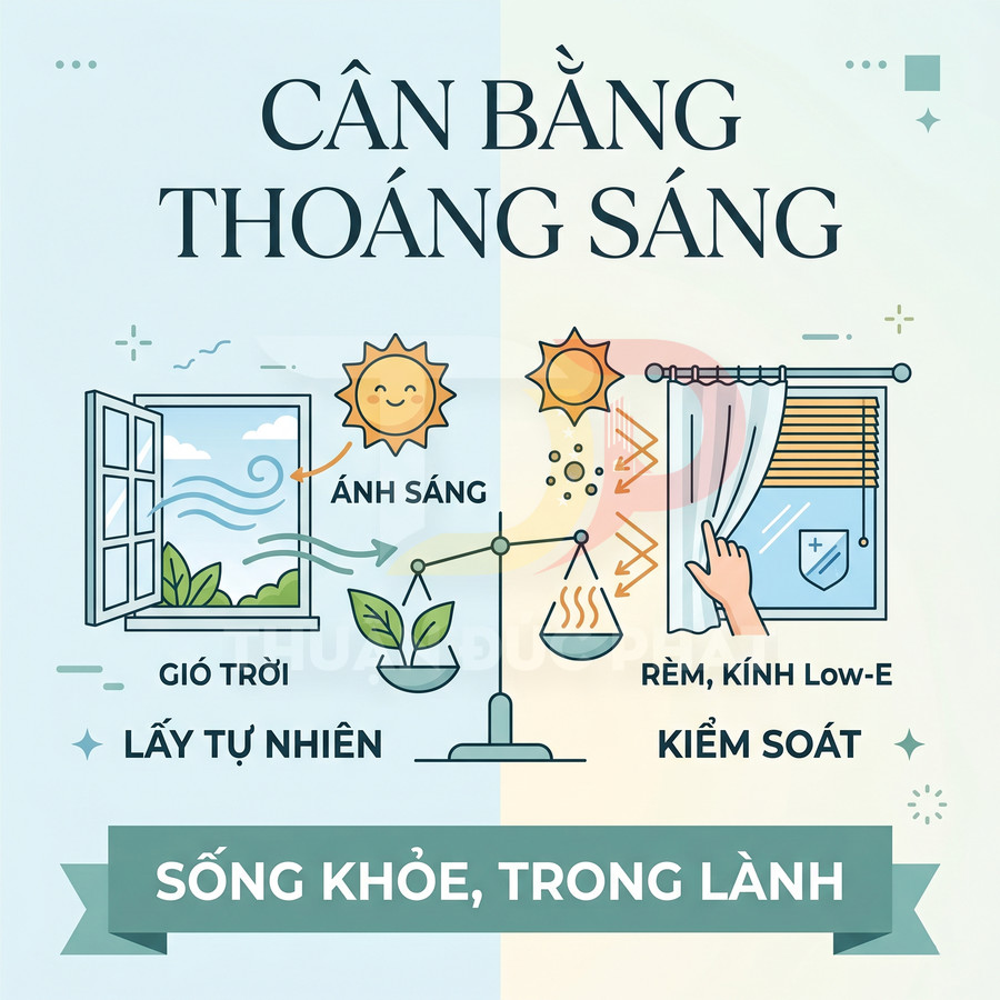 Minh họa cân bằng thoáng sáng trong nhà với cửa sổ mở đón gió trời và rèm kính Low E kiểm soát ánh sáng