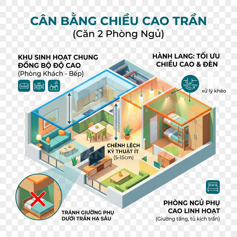 Mặt bằng căn hộ 2 phòng ngủ minh họa giải pháp cân bằng chiều cao trần và bố trí nội thất tối ưu