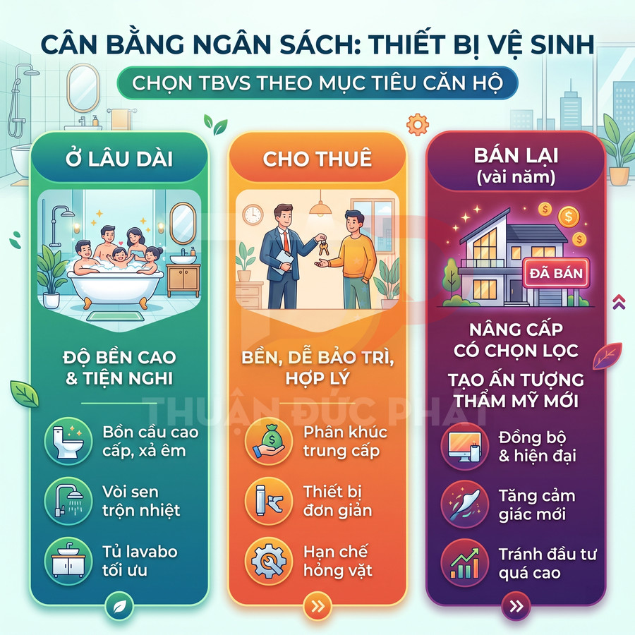 Infographic lựa chọn thiết bị vệ sinh cho căn hộ ở lâu dài, cho thuê và bán lại với các tiêu chí bền, tiện nghi, thẩm mỹ