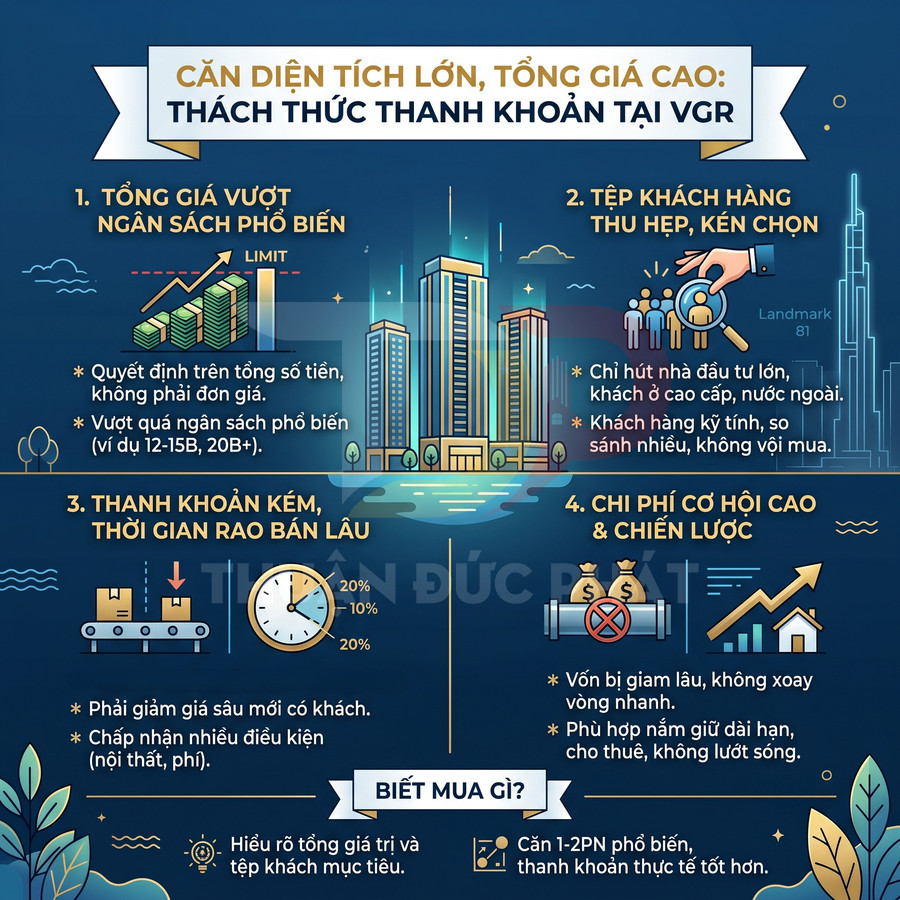 Infographic phân tích thách thức thanh khoản bất động sản diện tích lớn, tổng giá cao tại VGR