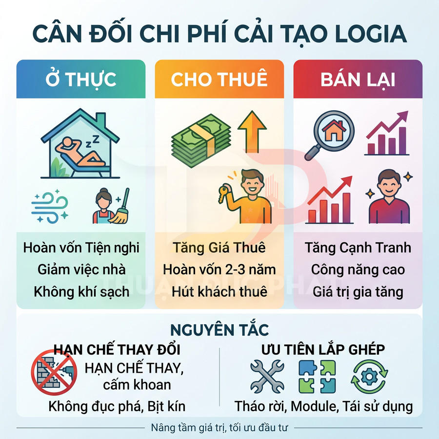 Infographic cân đối chi phí cải tạo logia cho ở thực, cho thuê, bán lại và nguyên tắc hạn chế thay đổi, ưu tiên lắp ghép