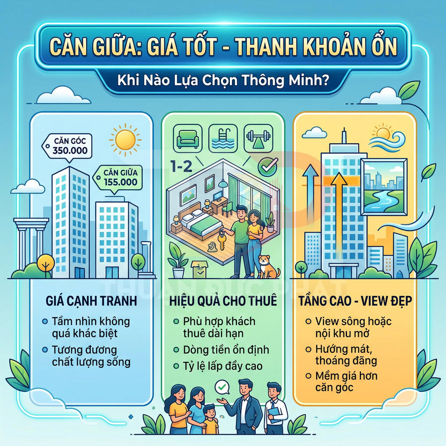 Infographic so sánh ưu điểm căn hộ giữa về giá tốt, hiệu quả cho thuê và view đẹp trong dự án chung cư