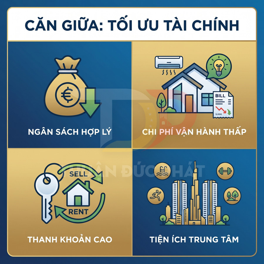 Infographic căn hộ tầm trung tối ưu tài chính với ngân sách hợp lý, chi phí vận hành thấp, thanh khoản cao, tiện ích trung tâm