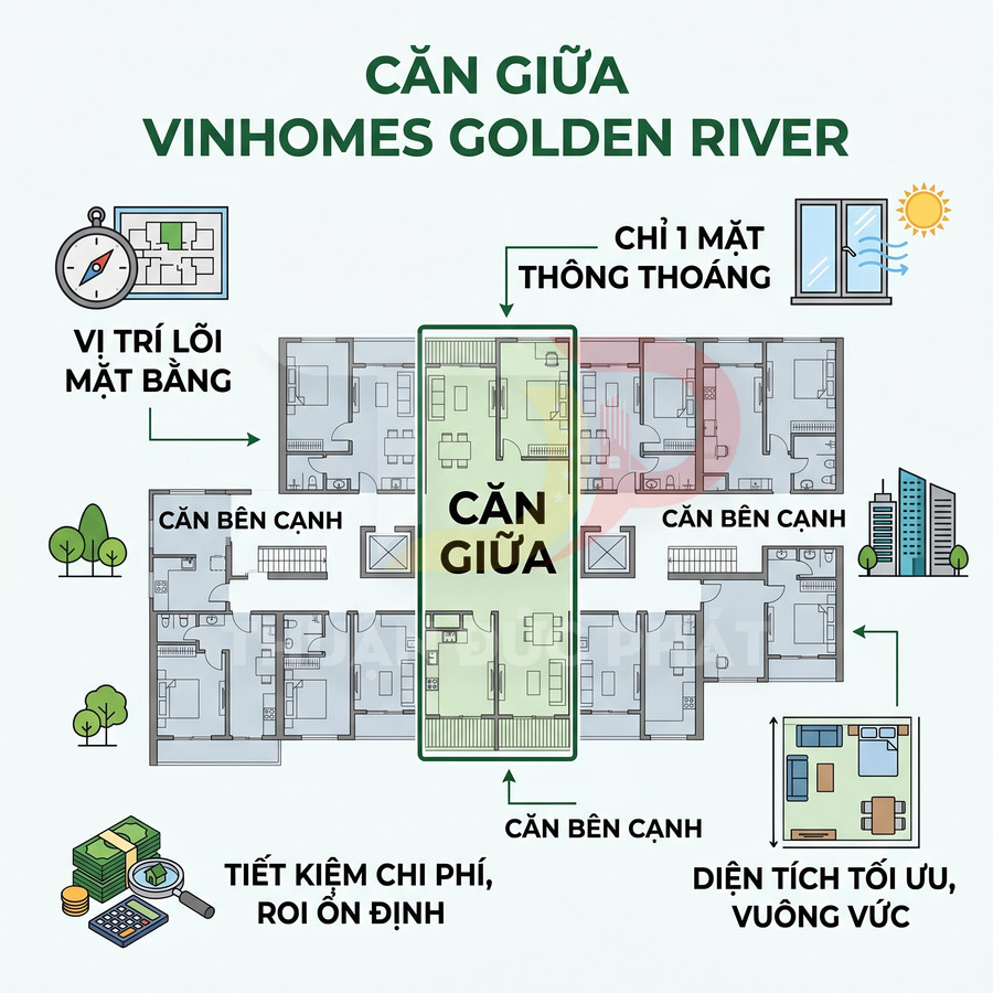 Mặt bằng căn giữa Vinhomes Golden River, diện tích vuông vức, tối ưu, chỉ một mặt thoáng, tiết kiệm chi phí