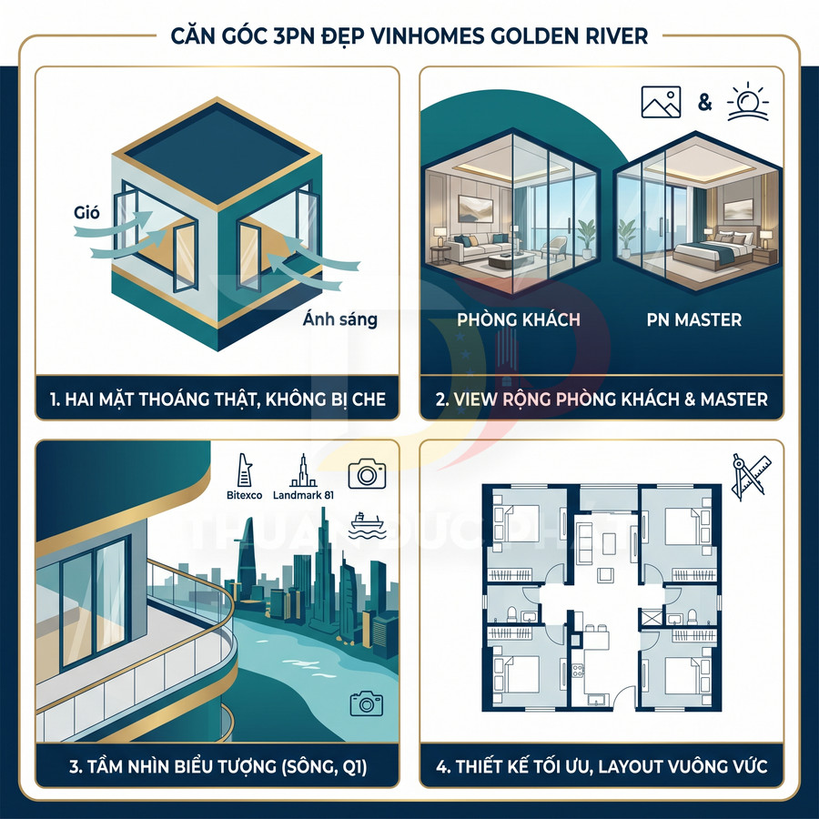 Infographic căn hộ góc 3 phòng ngủ Vinhomes Golden River, view sông Sài Gòn và trung tâm, thiết kế thoáng sáng, layout vuông vức