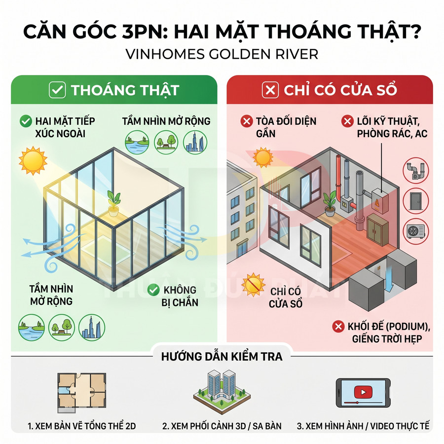 So sánh căn góc 3 phòng ngủ Vinhomes Golden River thoáng thật và căn chỉ có cửa sổ, kèm hướng dẫn kiểm tra