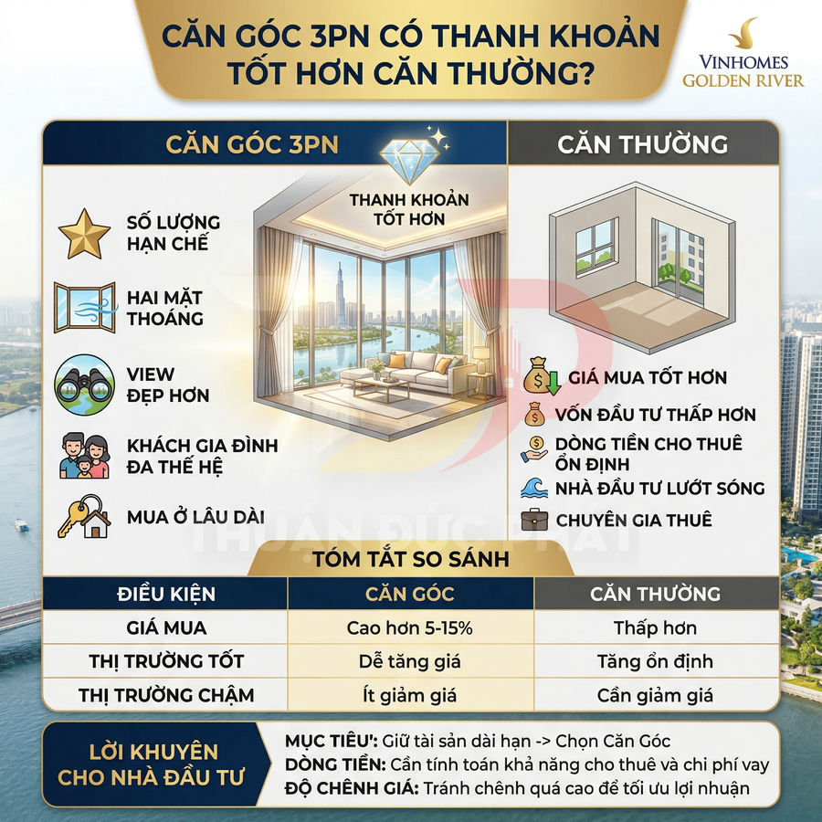 Infographic so sánh căn góc 3 phòng ngủ và căn thường dự án Vinhomes Golden River cho nhà đầu tư