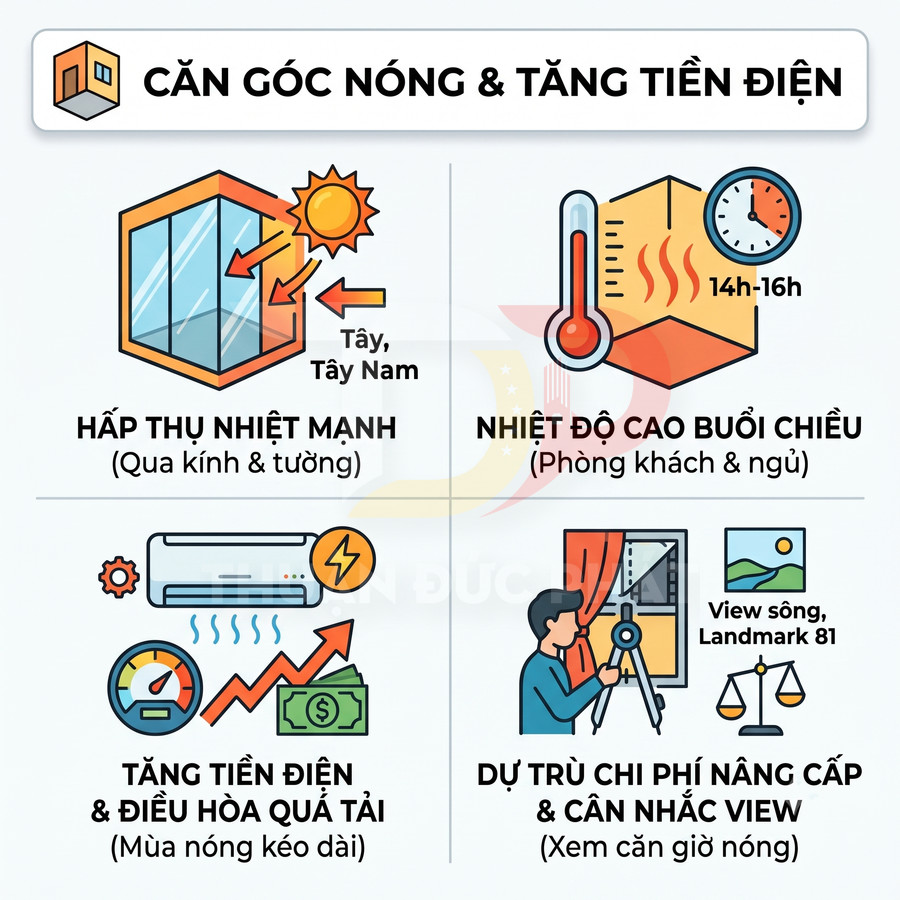 Infographic căn hộ góc hướng tây hấp thụ nhiệt mạnh, nóng buổi chiều làm tăng tiền điện và cần nâng cấp chống nóng