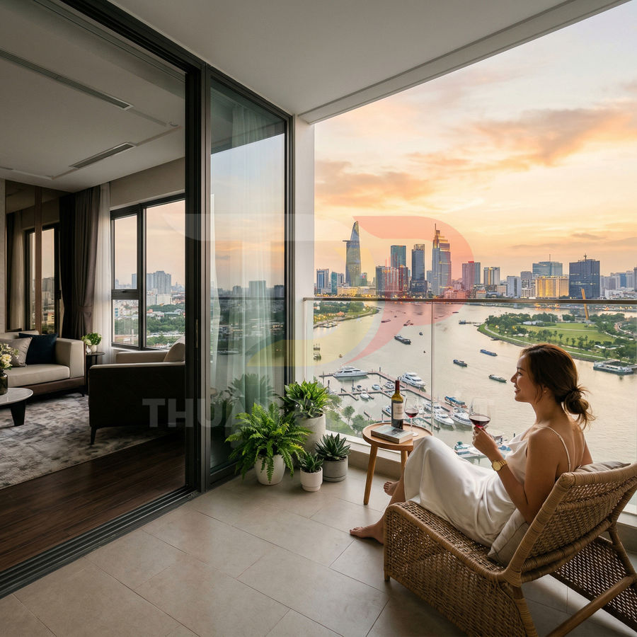Căn hộ cao cấp với ban công rộng view sông và trung tâm thành phố, ghế mây thư giãn cùng rượu vang