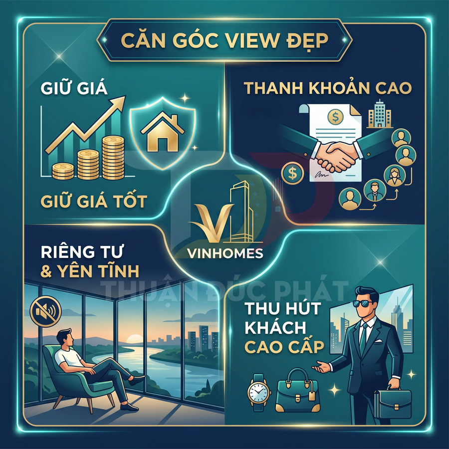 Infographic lợi ích căn góc view đẹp Vinhomes giữ giá tốt, thanh khoản cao, riêng tư yên tĩnh, thu hút khách cao cấp