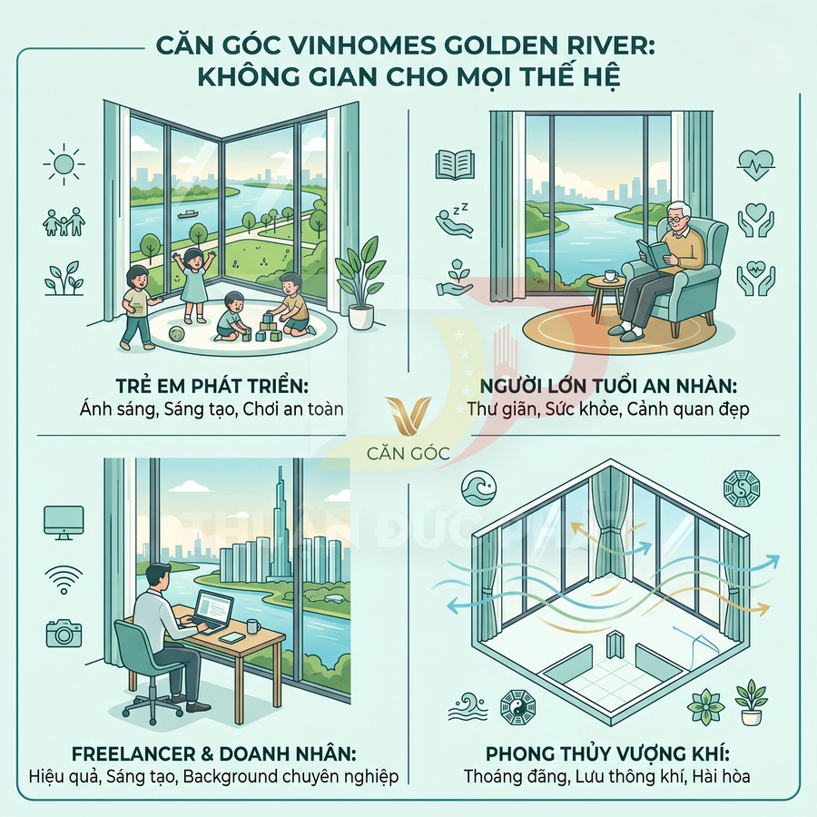 Căn góc Vinhomes Golden River với cửa sổ lớn, view sông và thành phố, phù hợp cho gia đình nhiều thế hệ