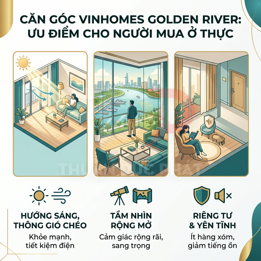 Căn hộ góc Vinhomes Golden River với phòng khách sáng, view sông rộng mở và không gian riêng tư yên tĩnh