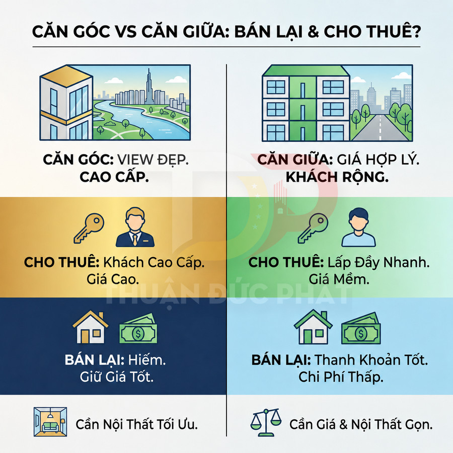 So sánh ưu nhược điểm căn góc và căn giữa khi bán lại và cho thuê chung cư