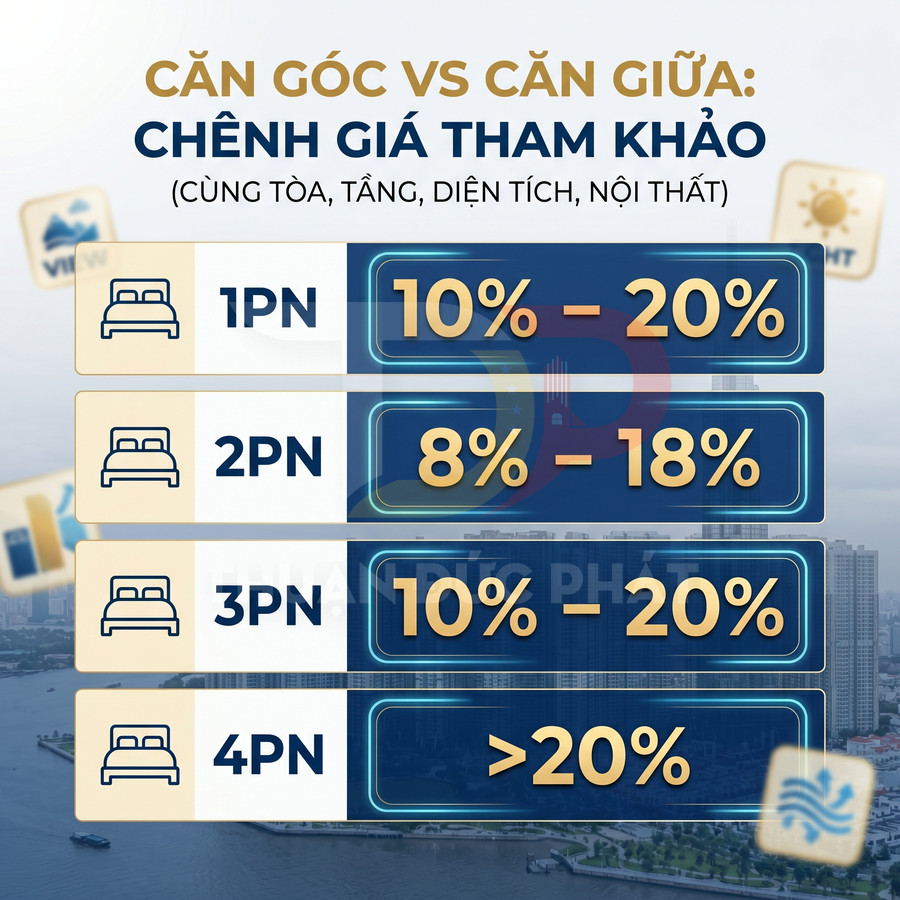 Bảng so sánh chênh lệch giá căn góc và căn giữa theo số phòng ngủ trong dự án chung cư cao tầng