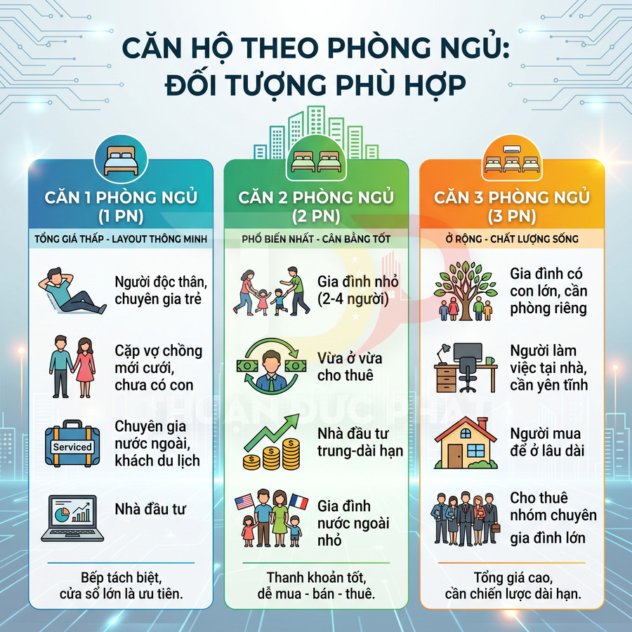 Infographic so sánh đối tượng phù hợp với căn hộ 1, 2 và 3 phòng ngủ theo nhu cầu và khả năng tài chính