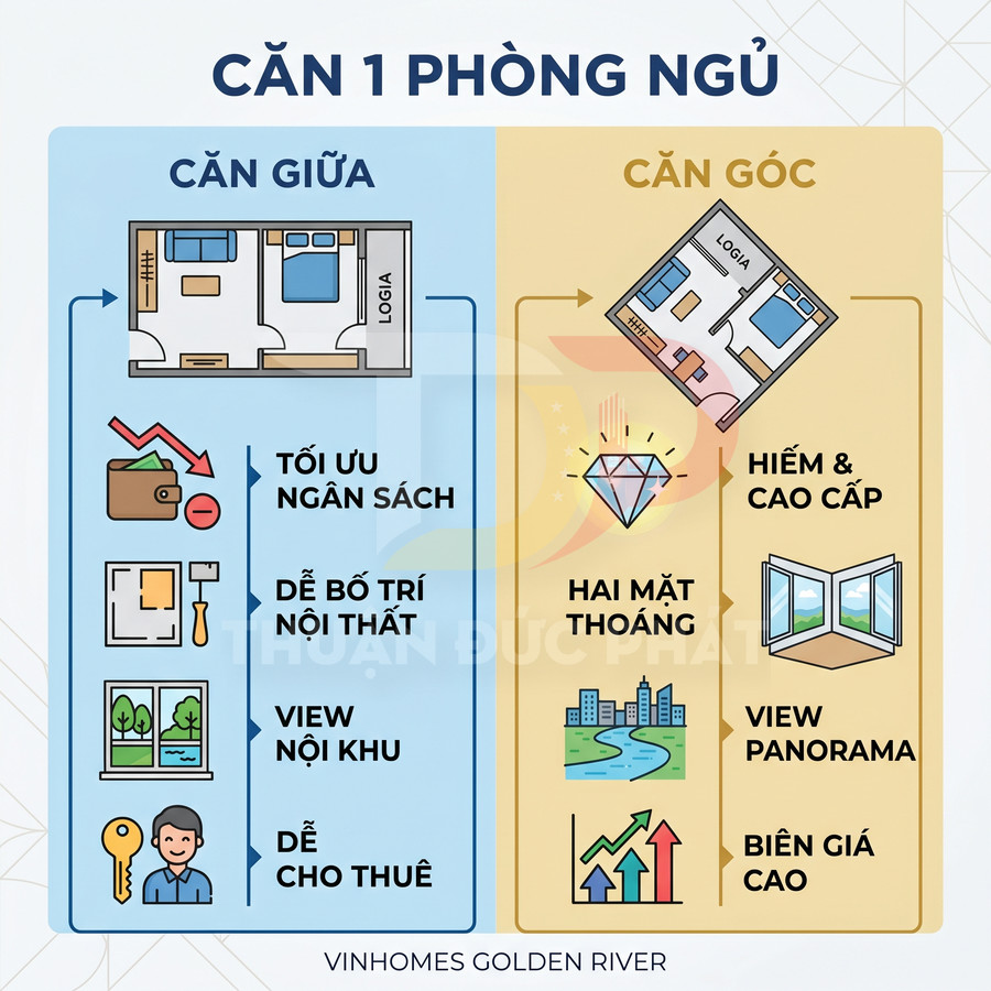 So sánh căn hộ 1 phòng ngủ căn giữa và căn góc tại Vinhomes Golden River, ưu nhược điểm và tiện ích