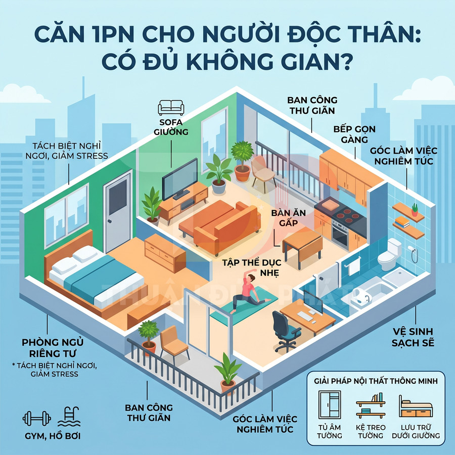 Căn hộ 1 phòng ngủ cho người độc thân với phòng ngủ riêng, bếp gọn gàng, góc làm việc và ban công thư giãn
