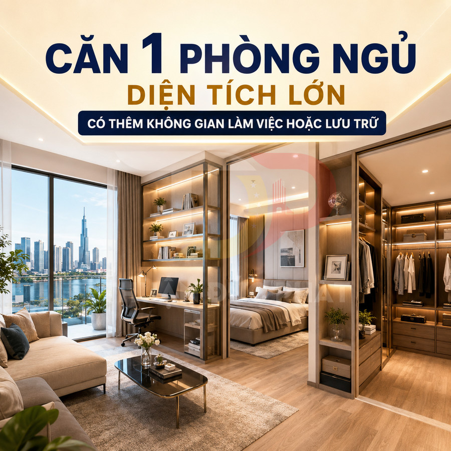 Căn hộ một phòng ngủ diện tích lớn với phòng khách, góc làm việc và tủ quần áo cao cấp nhìn ra sông